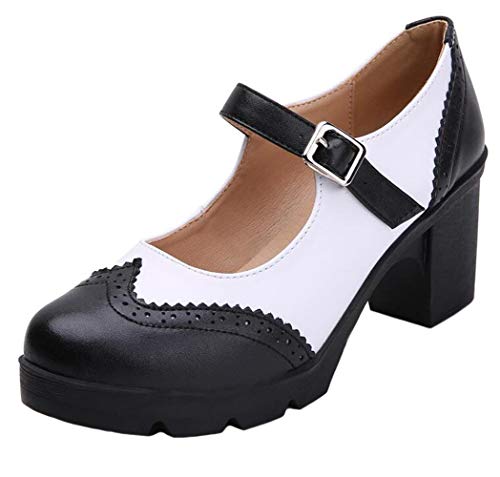 DADAWEN Damen Pumps Plateau Blockabsatz Oxfords Mary Jane Halbschuhe Klassiker Kleid Schuhe,Weiß,36 EU von DADAWEN