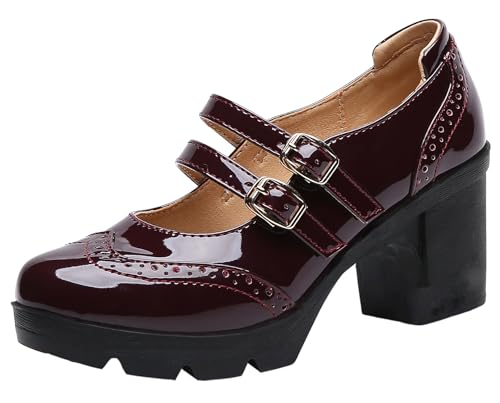 DADAWEN Damen Pumps Plateau Mary Janes mit Blockabsatz Lackschuhe Klassiker Kleid Schuhe von DADAWEN