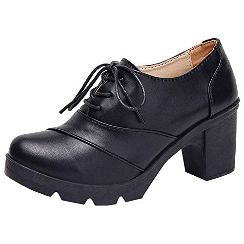 DADAWEN Damen Schnürhalbschuhe Blockabsatz Plateau Pumps Oxfords Klassiker Kleid Schuhe,Schwarz,41 EU von DADAWEN
