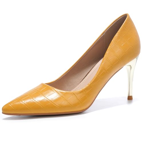 DADAWEN Damen Slip-On Stiletto Pumps Party Anzugschuhe Bequem Arbeit Hochzeit High Heels,Gelb,40.5 EU von DADAWEN