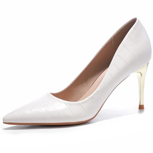 DADAWEN Damen Slip-On Stiletto Pumps Party Anzugschuhe Bequem Arbeit Hochzeit High Heels,Weiß,36 EU von DADAWEN