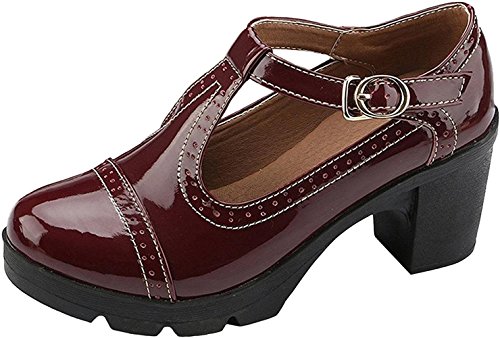 DADAWEN Damen T-Strap Plateau Blockabsatz Schuhe Mary Jane Oxfords Kleid Schuhe, Rot, 37 EU von DADAWEN