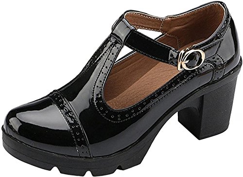 DADAWEN Damen T-Strap Plateau Blockabsatz Schuhe Mary Jane Oxfords Kleid Schuhe, Schwarz, 39 EU von DADAWEN