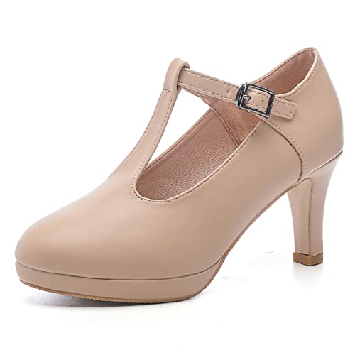 DADAWEN Damen T-Strap Pumps High Heels Plateau Kleid Schuhe,Beige,43 EU von DADAWEN