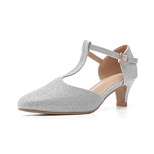 DADAWEN Damen T-Strap Pumps Sandalen Hochzeitsschuhe,Herstellergröße 245,Silber,39 EU von DADAWEN