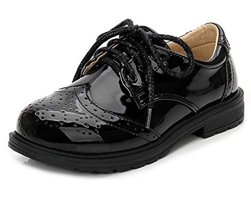 DADAWEN Herren Schnürhalbschuhe Jungen Schule Uniformschuhe Wasserdicht Sneaker Brogues Lack Anzugschuhe,Schwarz,27 EU von DADAWEN