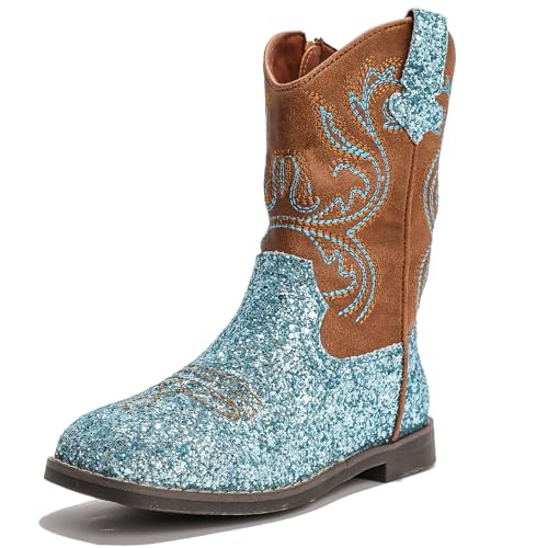DADAWEN Mädchen Cowboystiefel Halbschaft Glitzer Schlupfstiefel,Blau,37 EU von DADAWEN