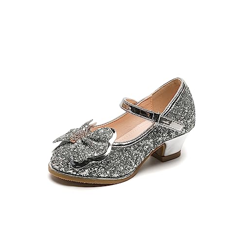 DADAWEN Mädchen Prinzessin Schuhe mit Absatz Glitzer Mary Jane Kleidschuhe,Silber,25 EU von DADAWEN