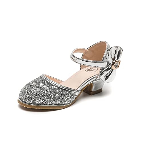 DADAWEN Mädchen Prinzessin Schuhe mit Absatz Glitzer Mary Jane Pumps,Silber,25.5 EU von DADAWEN