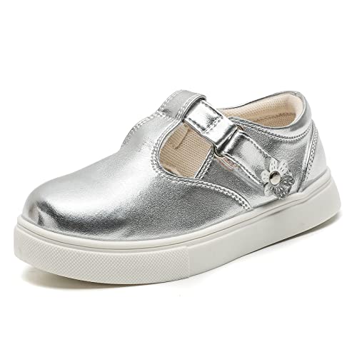 DADAWEN Mädchen T-Spangen Mary Jane Ballerinas Taufschuhe,Silber,23 EU von DADAWEN