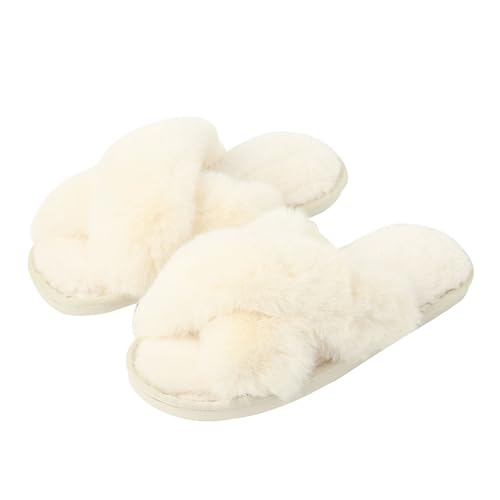 DAFENP Hausschuhe Damen Plüsch Winter Pantoffeln Frauen Memory Foam Kreuzband Slide Warme Bequeme Flauschige Slipper MTJ8935W-White-EU40/41 von DAFENP