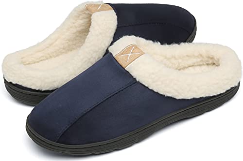 DAFENP Herren Hausschuhe Winter Memory Foam Pantoffeln Plüsch Warm Gefüttert Rutschfest Slipper für Indoor und Outdoor XZ1016-DarkBlue2-EU44/45 von DAFENP