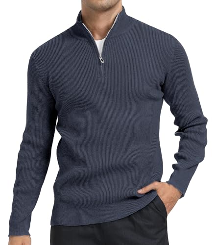 DAFENP Herren Rollkragenpullover Strickpullover Zip Pullover Winterpullover Turtleneck Pulli Arbeitspullover Warm Winter Langarmshirt Sweater FS6783M-Blue-XL von DAFENP