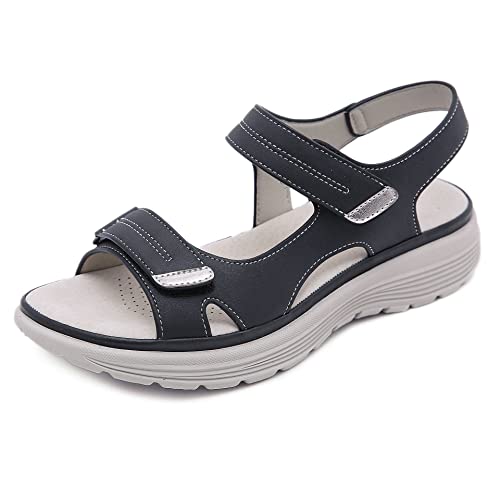 DAFENP Plateau Sandalen Damen Sommer Leder Keilabsatz Orthopädische Sport Sandaletten Klettverschluss Bequeme Offene Zehen Platform Wedges LX12043-Black-EU36 von DAFENP