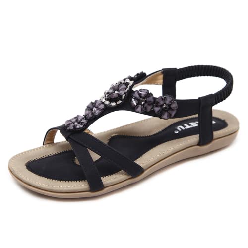 DAFENP Sandalen Damen Sommer Flach Flip Flops Bohemian Blume Strasssteine Zehentrenner mit Strass LX56022-Black-EU39 von DAFENP