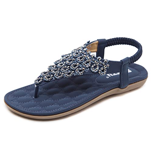 DAFENP Sandalen Damen Sommer Flach Flip Flops Bohemian Blume Strasssteine Zehentrenner mit Strass LX5881-Blue-EU36 von DAFENP