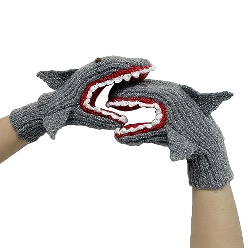 DAGESVGI Cartoon Strickhandschuhe Blau Grau Hai Beißen Handschuhe Warme Hand Halbe Handschuhe Herbst/Winter Finger stricken, Grau (1), Einheitsgröße von DAGESVGI