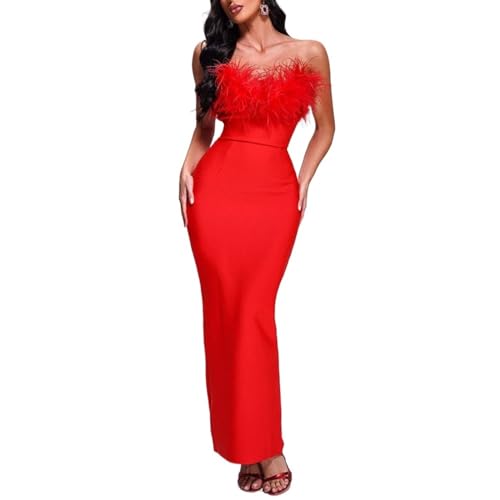 DAGIN Frauen Sommer Elegantes Trägerloses Midi, Figurbetontes Kleid Einfarbig Stretch Mesh Schlank Party Cocktailkleider (Color : Red, Size : S) von DAGIN