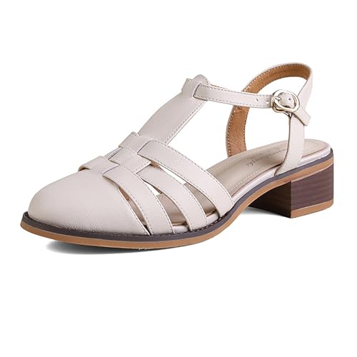 Retro Mode Lässig Echtes Leder Baotou Römischen High Heel Sandalen Damen Dicker Absatz Sommer Hohl Geflochtener Schweinekäfig Dicker Absatz Sandalen von DAGIN