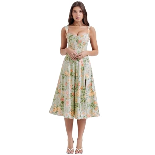 Sommer-Boho-Kleid mit Blumenmuster für Damen, quadratischer Ausschnitt, Riemchen, Swing-A-Linie, langes Strand-Maxikleid (Color : Green, Size : S) von DAGIN