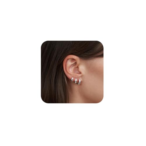 3 Paar Klobige Ohrringe Gold Silber Creolen Set Hypoallergen Medizinische Chirurgenstahl Goldene Ohrringe Damen Helix Piercings Ohr Knorpel Huggie Leichte Modeschmuck für Mädchen 8 mm(Silber) von DAI JY