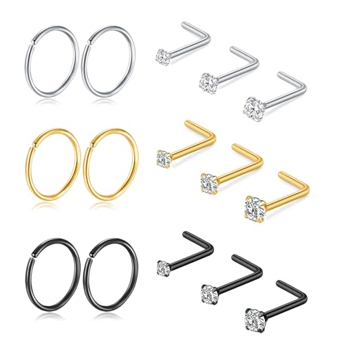 15 Pcs 20G Nasenpiercing Gold Silber Schwarz Titan Nasenpiercing Ring Stecker Chirurgenstahl L förmig Zirkonia Nasenstecker Set Nasenring Dünn Hypoallergen Piercing Schmuck für Frauen Männer (Mischen) von DAI JY
