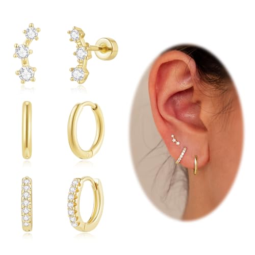 Goldene Reifenohrringe Set, Zarte silberne Mini-Huggies für Damen, Modische hypoallergene Flachstecker, Perfekte Stapelohrringe für Knorpelpiercings, Ideal für Mehrfachpiercings (Gold) von DAI JY