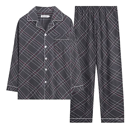 DAIFINEY Baumwollpyjama Herren Langärmelige Baumwolle Dünn Plaid Plus Size Lässig tragbar Hauskleidung Anzug Jungen Schlafanzug (B, XXXL) von DAIFINEY