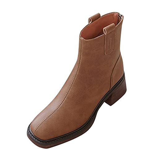 DAIFINEY Mode Herbst Damen Stiefeletten Chunky Heel Mittlerer Absatz Square Toe Einfarbig Reißverschluss hinten Absatz von DAIFINEY