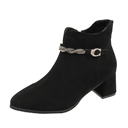 DAIFINEY Mode Herbst Winter Damen Stiefeletten Blockabsatz mit spitzer Zehe einfarbig seitlicher Reißverschluss Strass lässiger Stil Stiefeletten Damen Schwarz Absatz von DAIFINEY