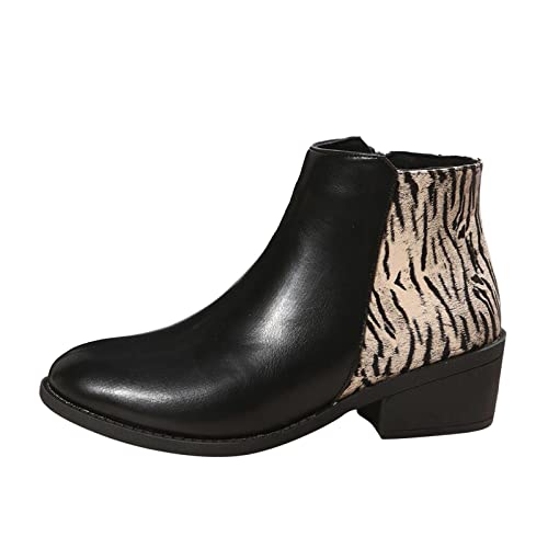 DAIFINEY Retro Damen Tiger Print Square Heels Reißverschluss Bequeme Kurze Booties Round Toe Schuhe Flache Damen Frühling von DAIFINEY