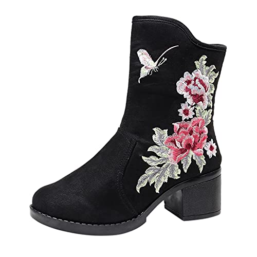 DAIFINEY Stiefel Stiefel Blumen Hohe Stickerei Stiefeletten Quaste Stiefel Heels Damen Damenstiefel Langlauf-Stiefel von DAIFINEY