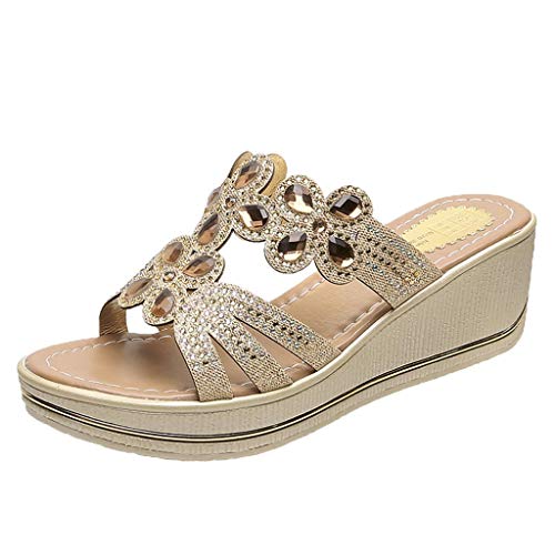 Damen Sandalen Plateausandalen Keilsandalen mit Strass Bequeme Beach Strandsandale Slingback Peep Toe Slip On Hausschuhe Slipper Sommer Sandals Freizeitschuhe(2-Gold/Gold,39) von DAIFINEY