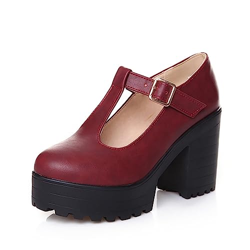 Damen Schuhe Türkis Damen-Block-High-Heel-Plateauschuhe, Knöchelriemen, Mary-Jane-Schuhe, runde Zehenpartie (Red, 34) von DAIFINEY