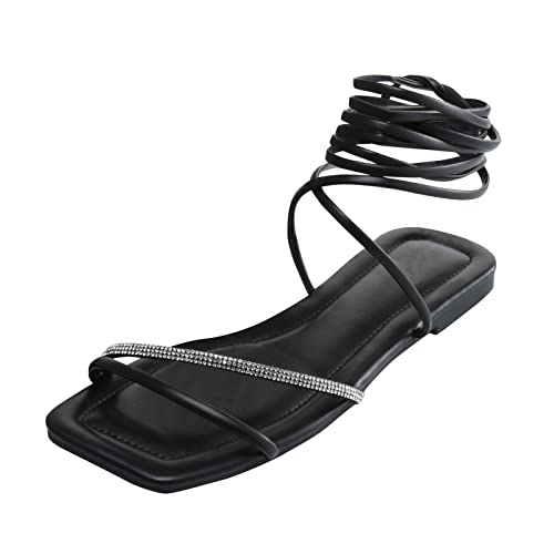 Damen-Sommer-Strasssteine, rutschfest, einfarbig, geschnürt, Flacher Strand, offene Zehen, atmungsaktive Sandalen Damenschuhe Schwarz Elegant Mit Absatz von DAIFINEY