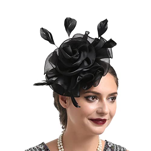 Hüftgürtel Herren Hut für Frauen, Hochzeit, Cocktail, Mesh, Federn, Haarspange, Teeparty-Stirnband (Black, One Size) von DAIFINEY
