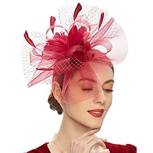 Ohrenwärmer Herren Winter Europäische und amerikanische Retro-Mesh-Haarschmuck für Damen, Abschlussball, Federkopfschmuck, Pferderennen, Festival, Damen-Stirnband (Red, One Size) von DAIFINEY