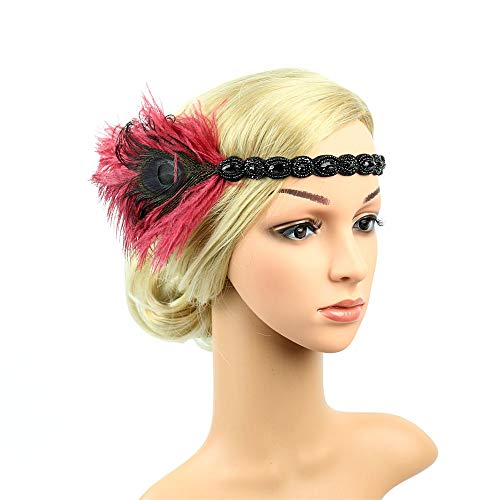 Schweißband Head Flapper Zwanziger Headband Vintage-Kopfbedeckung großer Haarreif (Wine Red, One Size) von DAIFINEY