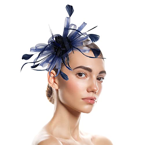 Stirnband Schmal Hüte für Damen Fascinators Damen Blumenhut für Tea Party Cocktail Hochzeit Kirche (Navy, One Size) von DAIFINEY