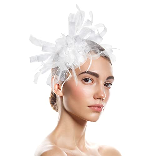 Stirnband Schmal Hüte für Damen Fascinators Damen Blumenhut für Tea Party Cocktail Hochzeit Kirche (White, One Size) von DAIFINEY