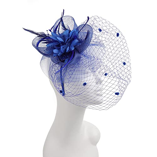 Tennis Kostüm Kopfbedeckung, Feder-Kopfbedeckung, Braut-Haar-Accessoires, imitierte Blumen-Mesh-Blütenblatt-Kopfbedeckung, Brauthut, Rennbahn-Festival-Kopfbedeckung (Blue, One Size) von DAIFINEY