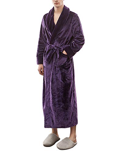 DAIHAN Bademantel Damen Und Herren Morgenmantel Nachthemd Nachtwäsche Nightwear Bademantel Kimono Saunamantel mit V-Ausschnitt,Lila-Männer,L-XL von DAIHAN