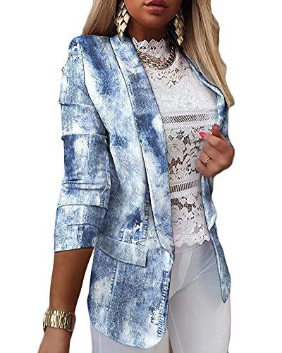 DAIHAN Damen Beiläufig Blazer Öffnen Vorderseite 3/4 Ärmel Büro Jacken Blazer Sakko Elegant Herbstjacke Slim Fit Revers Geschäft Büro Jacke Kurz Mantel Casual Anzugjacke,Blau,L von DAIHAN