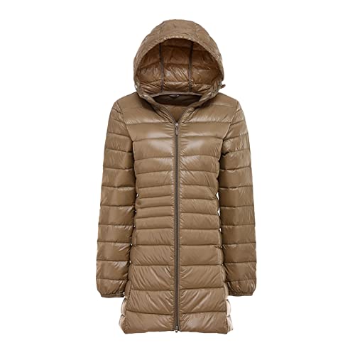 DAIHAN Damen Daunenjacke mit Kapuze Mittellanger Outwear-Mantel Daunenmantel Lang Warm Winterjacke Steppjacke Dickere Warm Übergangsjacke Winddicht Reißverschluss Wintermäntel,Khaki,XS von DAIHAN