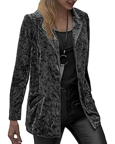 DAIHAN Damen Elegant Langarm Blazer Sakko Einfarbig Slim Fit Revers Geschäft Büro Jacke Kurz Mantel Anzüge Bolero mit Knopfleiste Samt Festlich Übergangsjacke,Schwarz,XL von DAIHAN