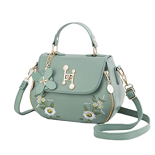 DAIHAN Damen Handtaschen Elegante Schultertasche Henkeltasche Tote Shopper Umhängetasche PU Leder Handtasche mit Blumen Retro Tasche,Grün,24 * 10 * 17cm von DAIHAN