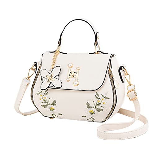 DAIHAN Damen Handtaschen Elegante Schultertasche Henkeltasche Tote Shopper Umhängetasche PU Leder Handtasche mit Blumen Retro Tasche,Weiß,24 * 10 * 17cm von DAIHAN