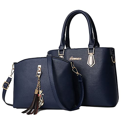 DAIHAN Damen Handtaschen Shopper Groß Schultertasche Geldbörse Tragetasche Schultertasche Umhängetasche 2-Teiliges Für Büro Schule Einkauf Reise,Blau,30 * 13 * 20cm von DAIHAN