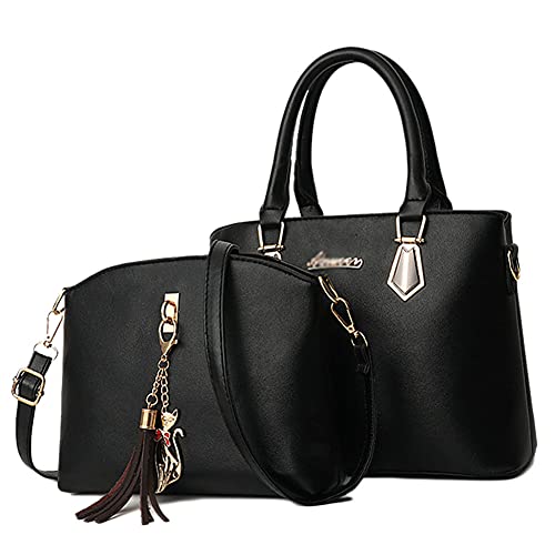 DAIHAN Damen Handtaschen Shopper Groß Schultertasche Geldbörse Tragetasche Schultertasche Umhängetasche 2-Teiliges Für Büro Schule Einkauf Reise,Schwarz,30 * 13 * 20cm von DAIHAN