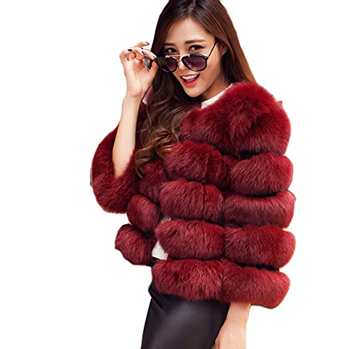 DAIHAN Damen Herbst Winter Bequem Kunstpelz Mantel Elegant Winter Pelzjacke Warm Faux Fur Kunstfell Jacke Kurz Mantel Coat Felljacke Pelzmantel Cardigan Parka Outwear,Weinrot,L von DAIHAN